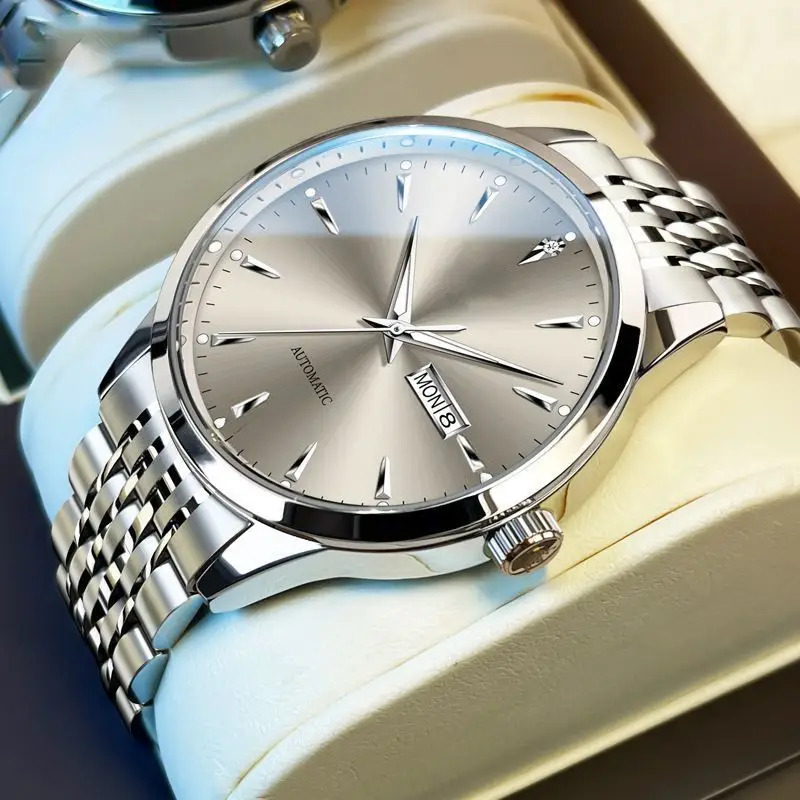 Luxury Automatic Mechanical Men's Watch – Stainless Steel Waterproof Dress Wristwatch with Day & Date Display - 图片 2